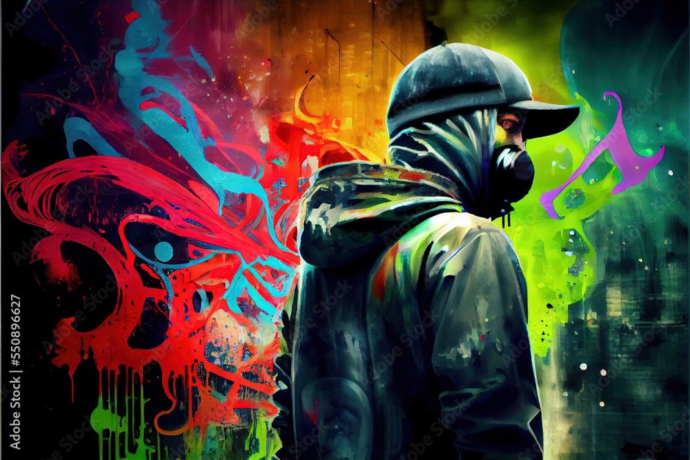 graffiti sprayer artist with mask in a colourful scene in front of