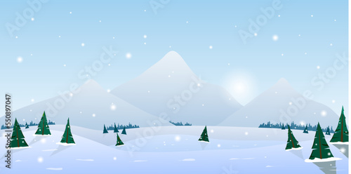 Vector illustration. Landscape of winter mountains with fir-trees and hills. Background with falling snow