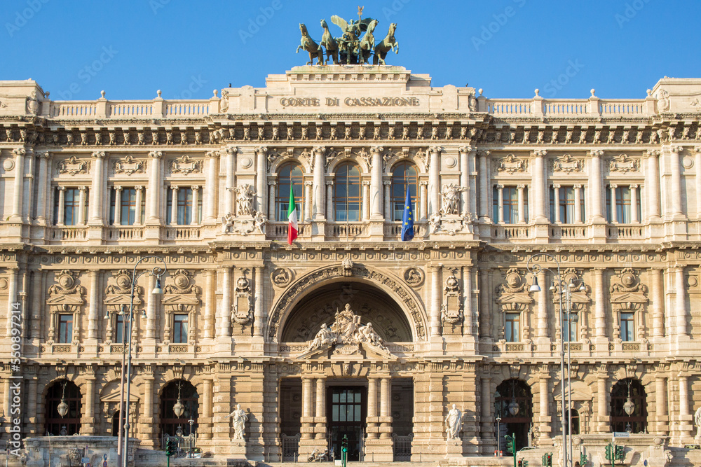 View of the Palace of Justice, also known as Palazzaccio. It's the seat of the italian Supreme Court of Cassation. It's located in the Prati district in Rome, Italy.