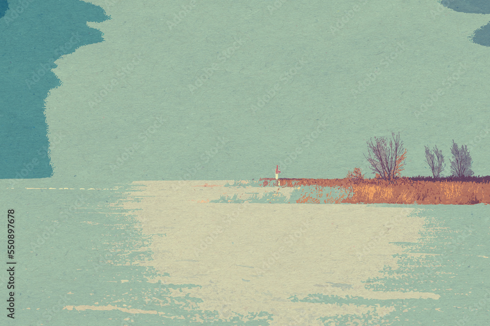 ilustracja grafika krajobraz latarnia morska na tle trzcin i nieba, zgaszone pastelowe kolory. - obrazy, fototapety, plakaty 
