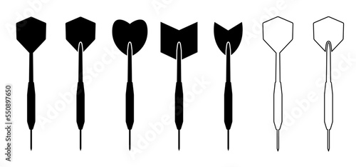 Cartoon dart arrows for dart board game. Dartboard, the darts on the target. Arrow darts element: flight, shaft, barrel, sharp point. Throw single, double or triple