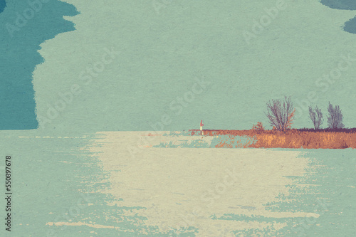 ilustracja grafika krajobraz latarnia morska na tle trzcin i nieba, zgaszone pastelowe kolory.