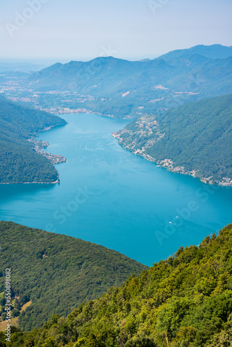 Beautiful mountain lake with a bridge in Switzerland