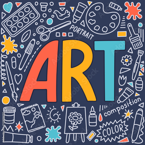 Art. School subject. Hand drawn doodles and lettering.