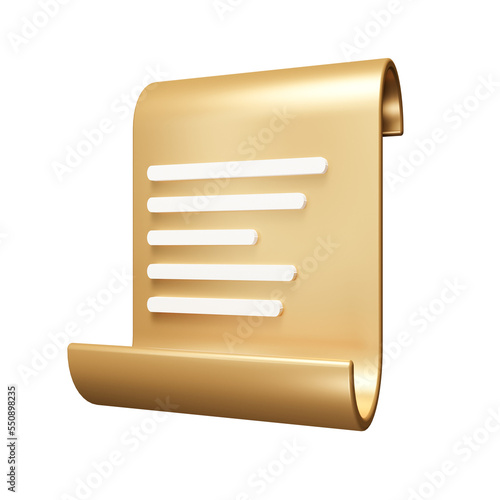 3D Golden paper bill isolated on white background. Document minimal icon or symbol. assignment and exam, Gold 3d rendering 