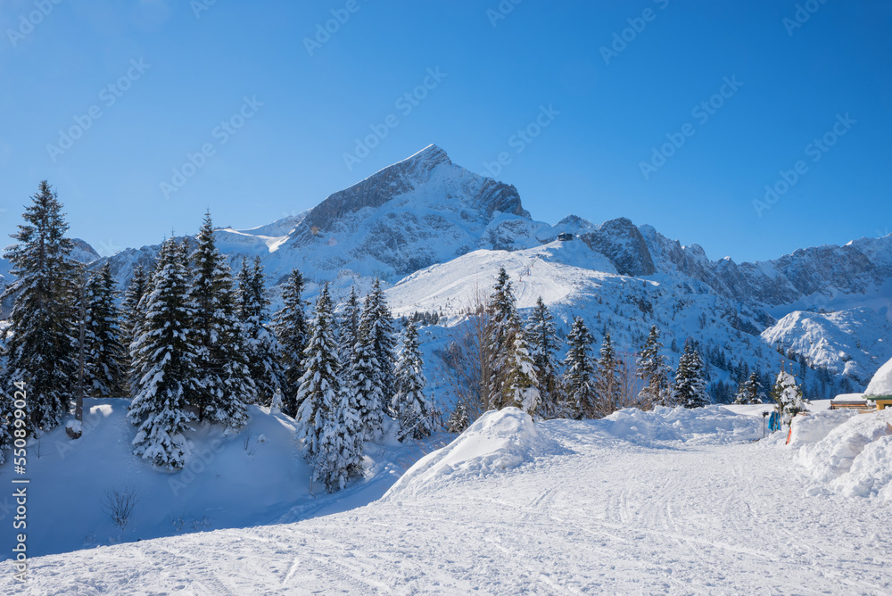 beautiful ski resort Garmisch, Kreuzeck. view to alpspitze mountain, winter landscape upper bavaria
