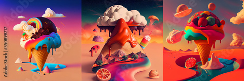 Ice cream illustration, ice and sweets, mountain, candy composition, surreal art, fire and flames collection
