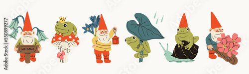 Set of garden gnomes and Frogs. Hand drawn modern Vector isolated illustrations. Poster, card, print, design templates. Cute fairy tale characters. Garden elf, funny frogs. Cartoon style photo