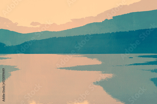 Ilustracja plakat grafika w pastelowych kolorach krajobraz jezioro, rybak i góry.