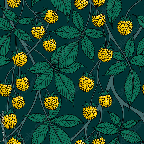 GREEN SEAMLESS VECTOR BACKGROUND WITH YELLOW BLACKBERRY FRUITS