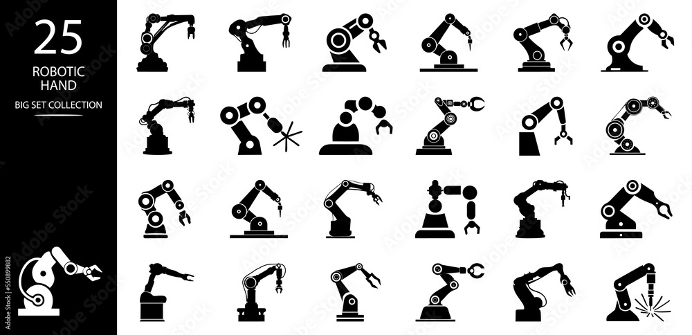 Naklejka premium Robotic hand manipulator silhouette symbol icon. Robot limb logo. Robot arm. automation, robot, CNC shape logo.