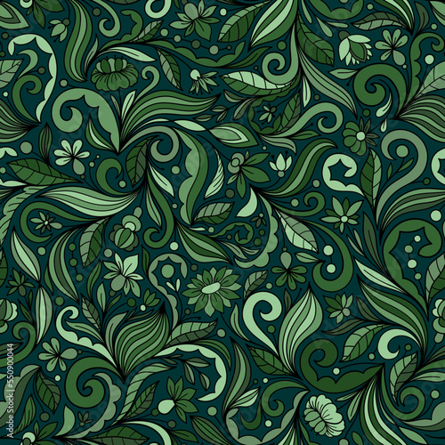 GREEN SEAMLESS VECTOR BACKGROUND WITH COMPLEX MULTICOLORED FLORAL ORNAMENT