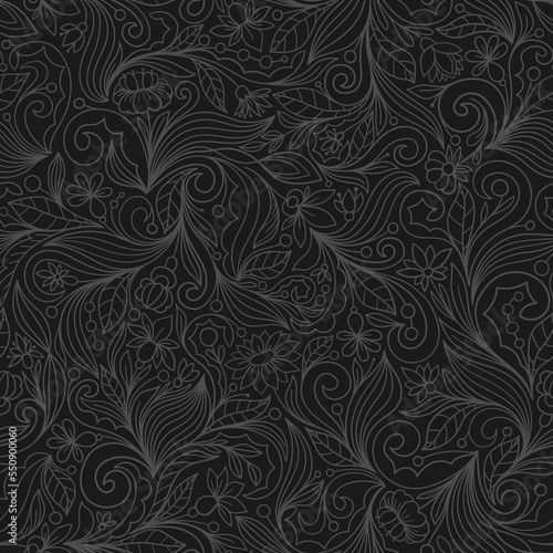 BLACK SEAMLESS VECTOR BACKGROUND WITH COMPLEX CONTOURED FLORAL ORNAMENT