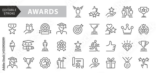 20 Awards icons. Awards and Achievements line icon set. Vector illustration. Editable stroke