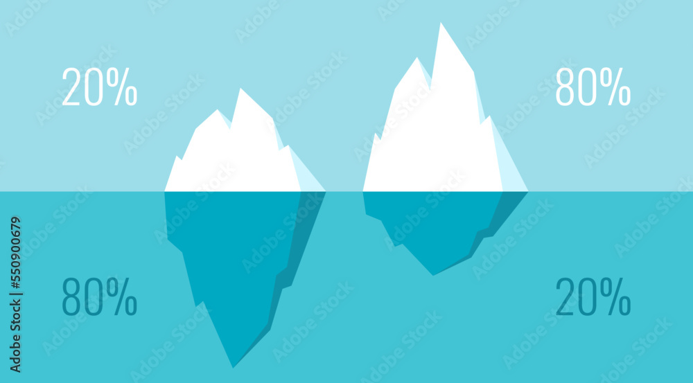 Iceberg vector cartoon, infographics diagrams for illustration 20-80 Pareto principle