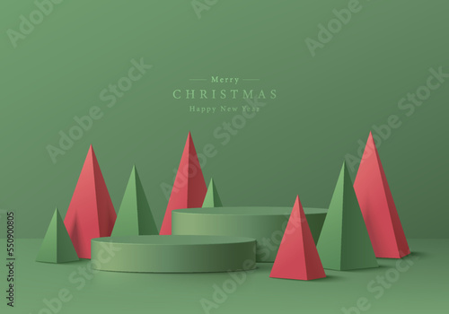 Abstract realistic 3D green cylinder pedestal podium set with red and green christmas tree in pyramid shape. Minimal wall scene mockup product display. Merry christmas new year concept. Vector stage.