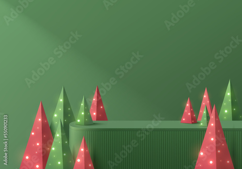 Abstract 3D wall scene background with realistic green round stand product podium, Christmas light on red, green tree. Mery christmas minimal mockup display. Vector geometric forms. Stage showcase.