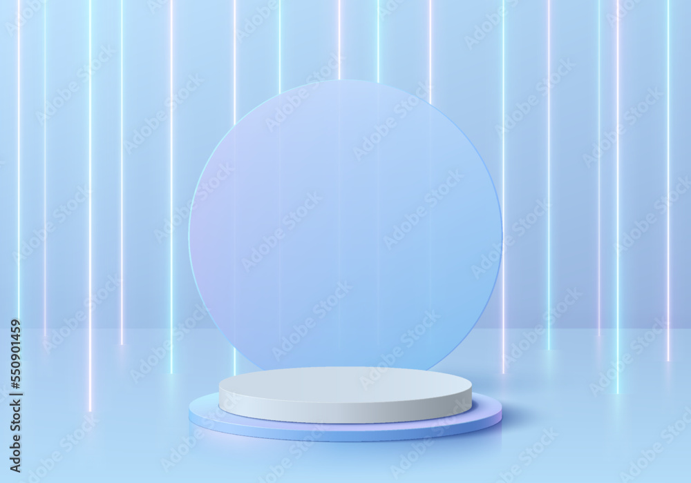 Abstract blue 3D room with realistic white cylinder pedestal podium, Vertical neon light lines background. Futuristic minimal wall scene mockup product display. Vector geometric forms. Stage showcase. Abstract blue 3D room with realistic white cylinder pedestal podium, Vertical neon light lines background. Futuristic minimal wall scene mockup product display. Vector geometric forms. Stage showcase.