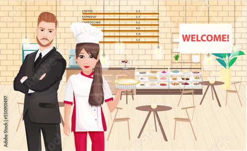 Cartoon interior of cafe with confectioner and businessman who open the restaurant. People - girl chef and cafe owner - in the foreground of the institution. Vector illustration about concept business