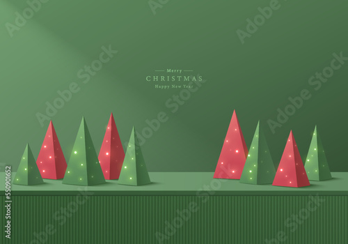 Abstract 3D wall scene background with realistic green stand podium, Desk or table, Red and green tree in pyramid shape. Mery christmas minimal mockup display. Vector geometric forms. Stage showcase.