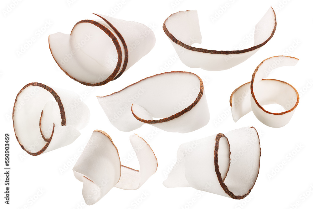 Coconut shavings, curls or rolled up slices of kernel meat, isolated png - obrazy, fototapety, plakaty 
