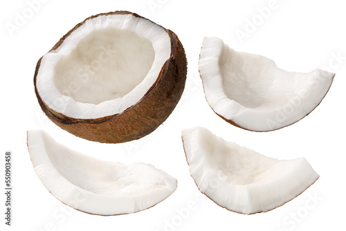 Fotografie, Tablou Coconut Cocos nucifera shelled,  kernel meat, cracked, irregular shaped isolated