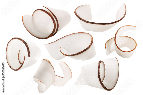 Stampa su tela Coconut shavings, curls or rolled up slices of kernel meat, isolated png