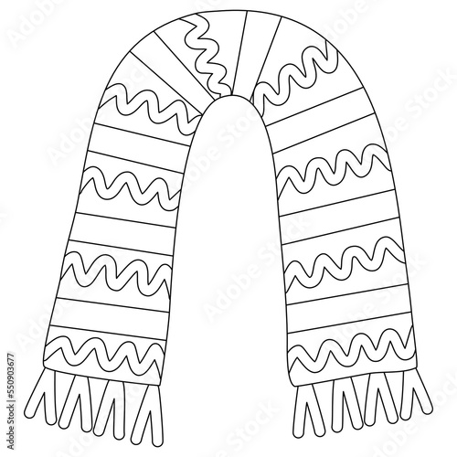 Blue fringed warm winter scarf with stripes, doodle style flat vector outline for kids coloring book