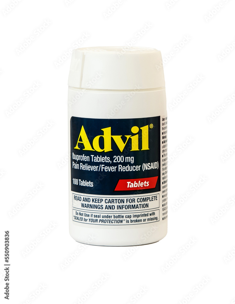 Bottle of Advil pain reliever pills, transparent PNG. Photos | Adobe Stock
