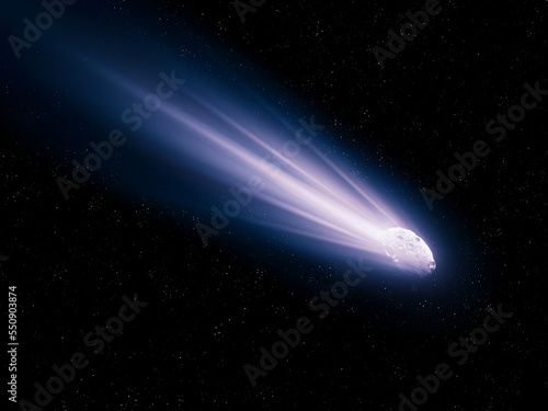 Tail of a comet glows in outer space. A large comet near the Earth's orbit. Celestial body of the solar system.