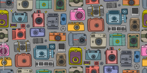 Old fashioned vintage photocamera. Retro and new collection for your design. Seamless pattern background. Vector illustration