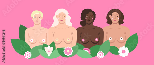 vector illustration of women with flowers, women supporting women, natural beauty, breast cancer awareness, breasts with flowers, body positive image, pink background