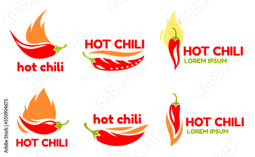 Hot spicy logo, chili pepper food. Mexican or indian sauce in red flame logotype, fire with vegetable, cooking spice menu. Label or emblem, indicator tag. Vector design nowaday illustration