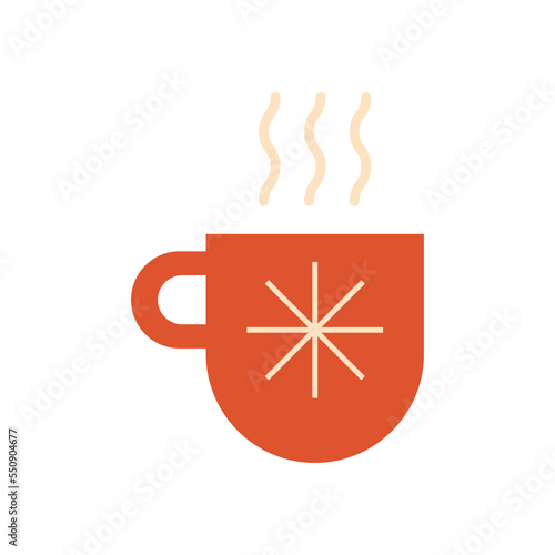 Geometric Christmas hot drink element isolated vector. Winter holiday red cup of tea, coffee, cocoa in simple flat style. Minimalist New Year decorative illustration..