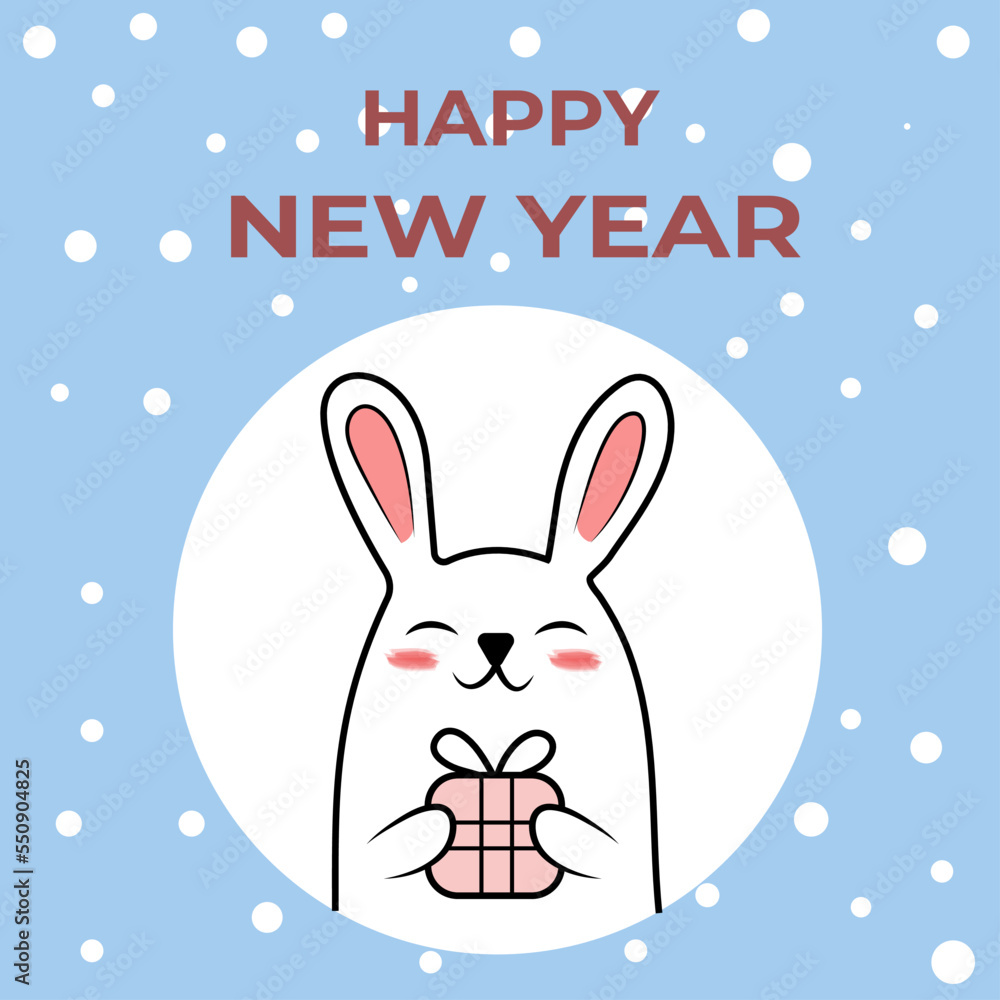 Original New Year's card with a rabbit. Doodle rabbit with a gift. New Year 2023. Minimalistic postcard design. Original New Year's card with a rabbit. Doodle rabbit with a gift. New Year 2023. Minimalistic postcard design.
