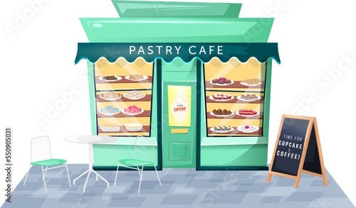 Vector illustration of pastry cafe facade. Exterior of bakery shop. Store with sweets in cartoon style. Isolated on white background. Icon. For business. Architecture. Front side. Open