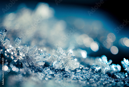 Ice crystals and snowflakes on blue and silver glitter sparkles background. Christmas, winter background. 
