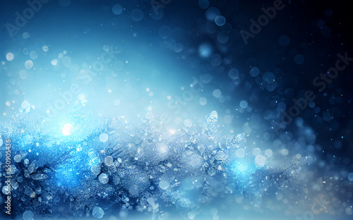 Ice crystals and snowflakes on blue and silver glitter sparkles background. Christmas, winter background. 