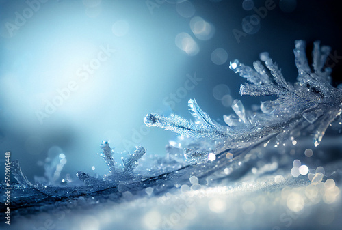 A branch covered with ice crystals. Christmas, winter background.