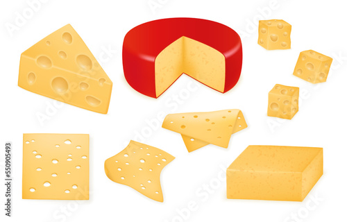 3d cheese slice, cheddar food. Farm mozzarella and brie, hard camembert, gourmet gouda. Different cutting, whole half and square pieces. Fresh milk products. Vector realistic neoteric set