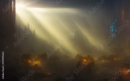 futuristic city landscape with mist and sunrays © maciek