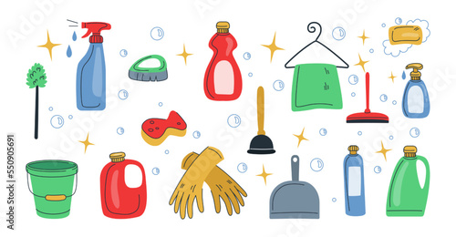 Doodle clean equipment, housework bottles. Disinfect house tools, mop and spray, trendy home, detergents in different containers. Cartoon style elements. Vector isolated tidy illustration