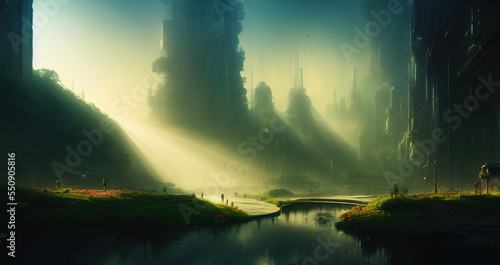 futuristic city landscape with mist and sunrays