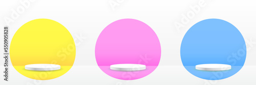 Set of white realistic 3d cylinder pedestal podium with pastel yellow, blue and pink in semi circle backdrop. Abstract vector rendering geometric platform. Product display presentation. Minimal scene