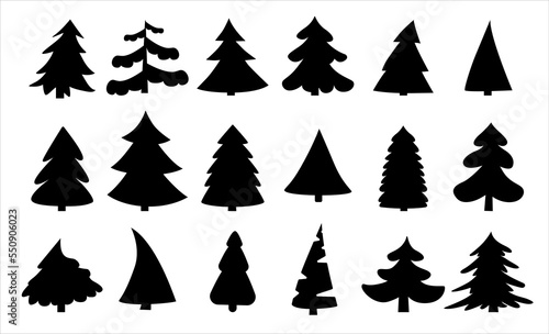 Pine tree silhouettes, snow winter spruce. Forest cedar, abstract black triangles, modern wooden figures, recent nature. Black trees isolated. Decorative elements. Vector simple icons