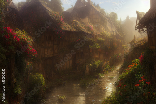 beautiful medieval town covered in flowers dreamy landscape
