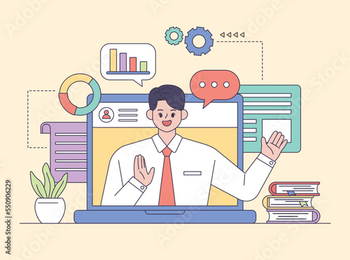 Man character preparing presentation. Meeting online with teleconference, work from home and work from anywhere concept. Outline flat style vector illustration.