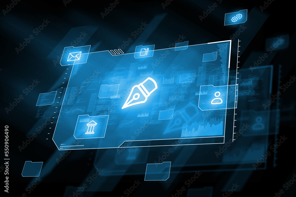 Holographic display with a pen icon as a symbol of an electronic signature. Document approval options. Holographic display with a pen icon as a symbol of an electronic signature. Document approval options.