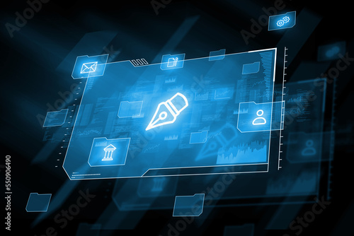 Holographic display with a pen icon as a symbol of an electronic signature. Document approval options.