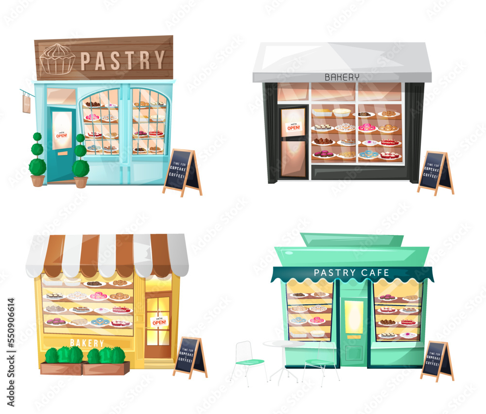 Set of pastry cafe facade. Exterior of bakery shop. Pack of store with sweets in cartoon style. Isolated on white background. Icon. For business. Architecture. Front side. Open door. Vector collection